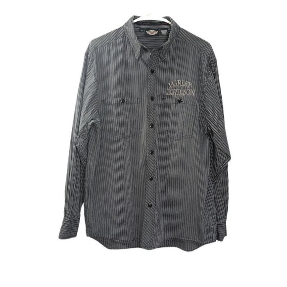 Harley Davidson Button Down Long Sleeve Embroidered Striped Shirt Size M Black G - Picture 2 of 9